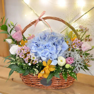 Colorful Life Basket, Blue Hydrangea, Pink Eustoma, White Eustoma, Wax Flowers, Handle Basket